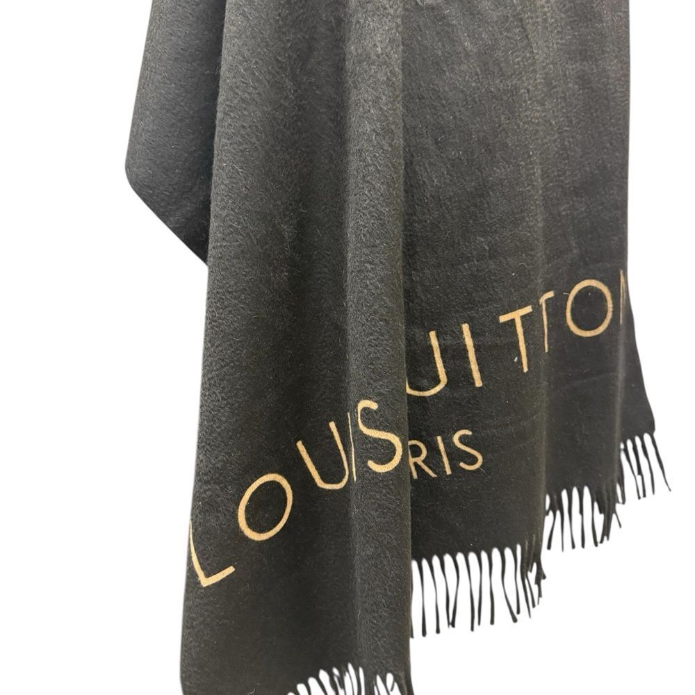 Louis Vuitton Black and Gold 100% Cashmere Large Logo Shawl Wrap Stole Auth - Picture 10 of 16